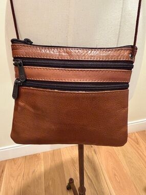 EKA Small Brown Leather Crossbody Bag with Dual Zip Front